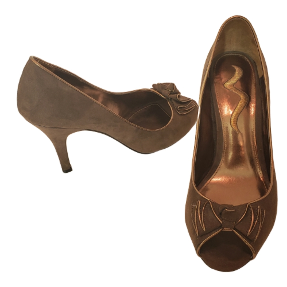 Nina folded bow peep stiletto brown suede upper